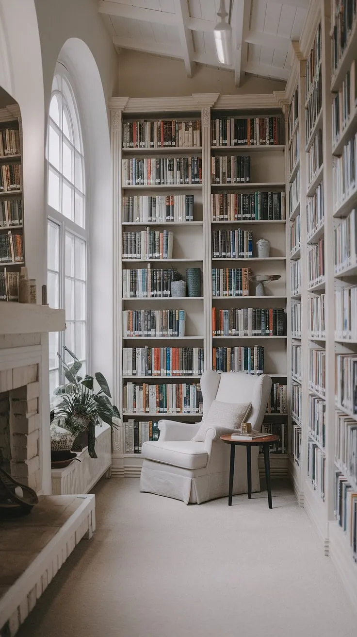 Imagine curling up in the reading nook by the fireplace of this light and airy library room.  The rustic library room's calm library aesthetic is enhanced by the abundant bookshelves and a touch of greenery.  This dream book room offers endless home library ideas, a perfect blend of cozy library aesthetic and functional space.  A true testament to the beauty of houses with libraries.