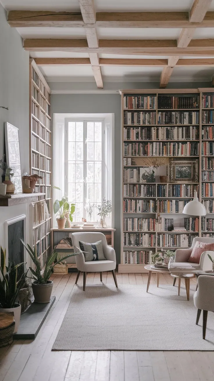 Escape to this calm library aesthetic, a dream book room where rustic charm meets light and airy serenity.  The reading nook by the fireplace, nestled amongst floor-to-ceiling bookshelves in this rustic library room, offers the perfect spot for quiet contemplation.  Home library ideas abound in this space, showcasing a cozy library aesthetic enhanced by the warmth of natural light and the calming presence of plants.  A true testament to houses with libraries designed for blissful relaxation.