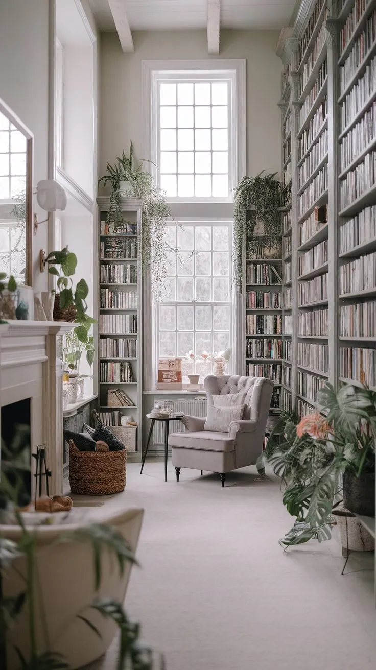 Escape to this calm library aesthetic, a rustic library room brimming with light and airy charm.  The reading nook by the fireplace, nestled amongst towering bookshelves and lush plants, embodies cozy library aesthetic perfection.  This dream book room offers endless home library ideas for houses with libraries.