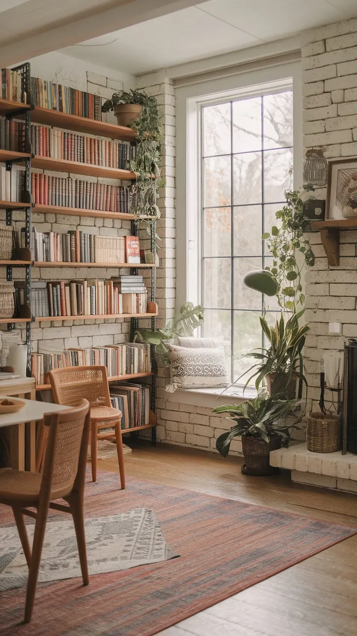 Escape to this light and airy library room, a haven of calm where rustic charm meets modern comfort.  The reading nook by the fireplace, surrounded by books and plants, embodies the perfect cozy library aesthetic.  This dream book room offers endless home library ideas for houses with libraries, a true sanctuary for book lovers.