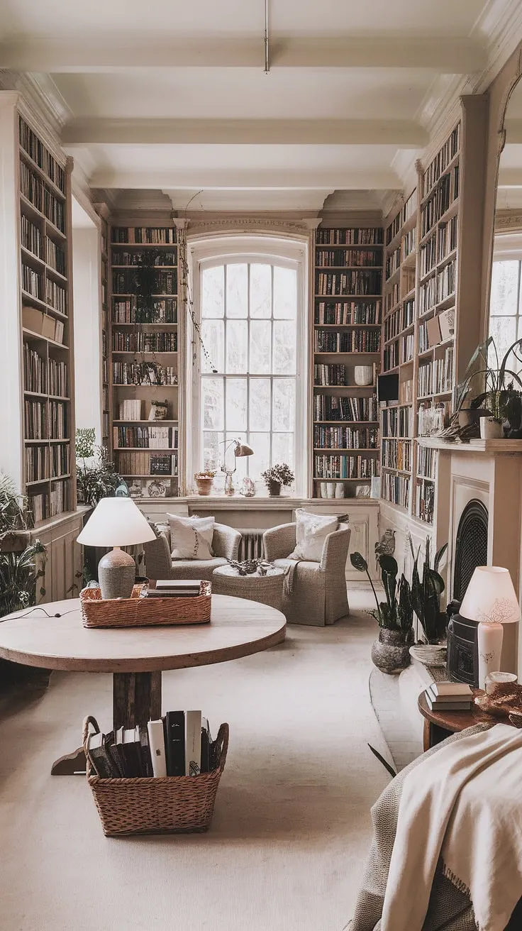 This rustic library room embodies the perfect calm library aesthetic.  Filled with bookshelves overflowing with stories, a large round table bathed in lamplight, and a cozy reading nook by the fireplace, it's the ultimate home library ideas inspiration.  The library with plants adds a touch of nature to this dream book room, creating a truly cozy library aesthetic.