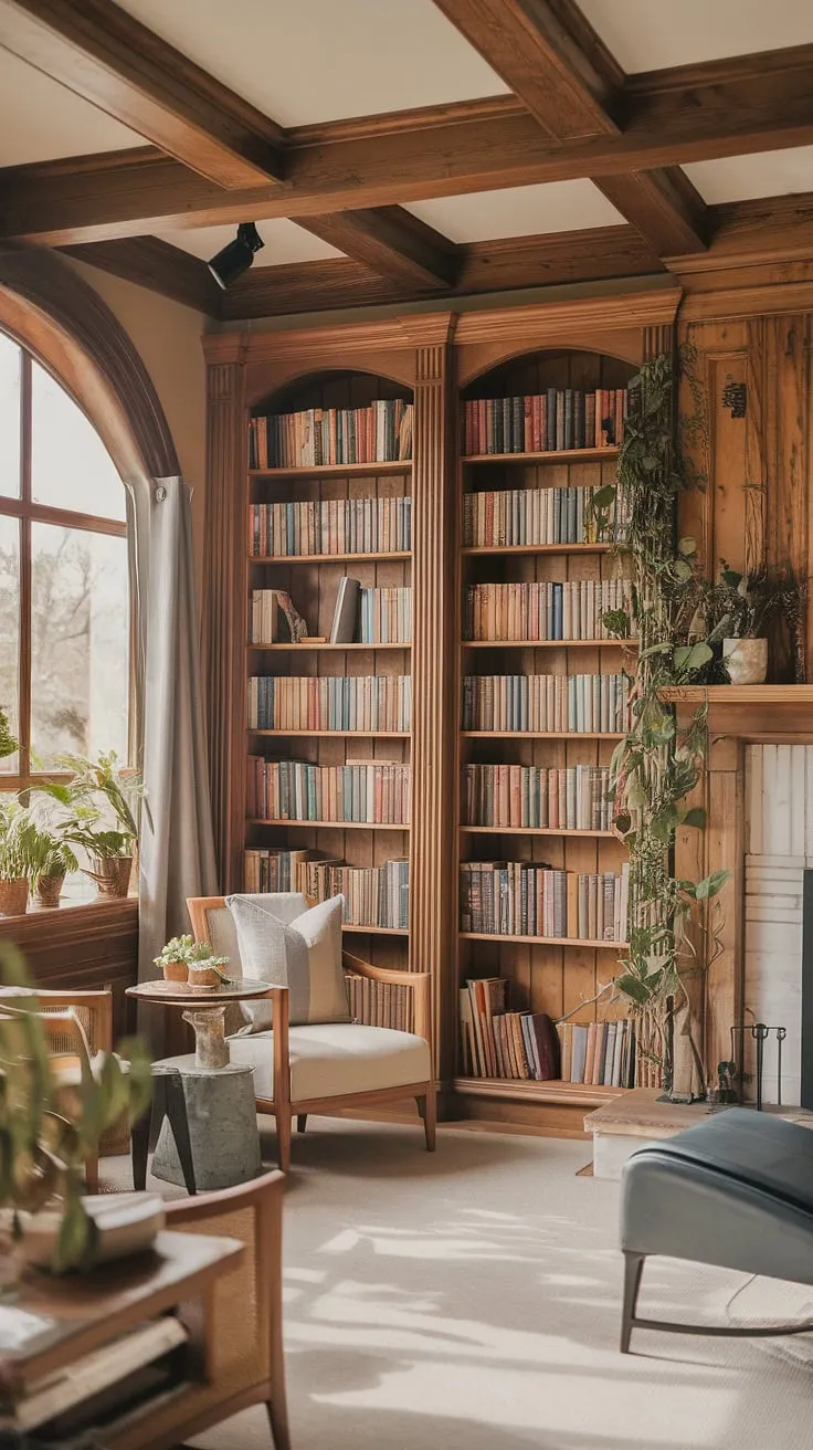 Imagine curling up in the reading nook by the fireplace of this rustic library room.  The warm glow, the scent of old books, and the lush library with plants create a truly calm library aesthetic. This dream book room is the epitome of home library ideas for houses with libraries seeking a light and airy library feel.