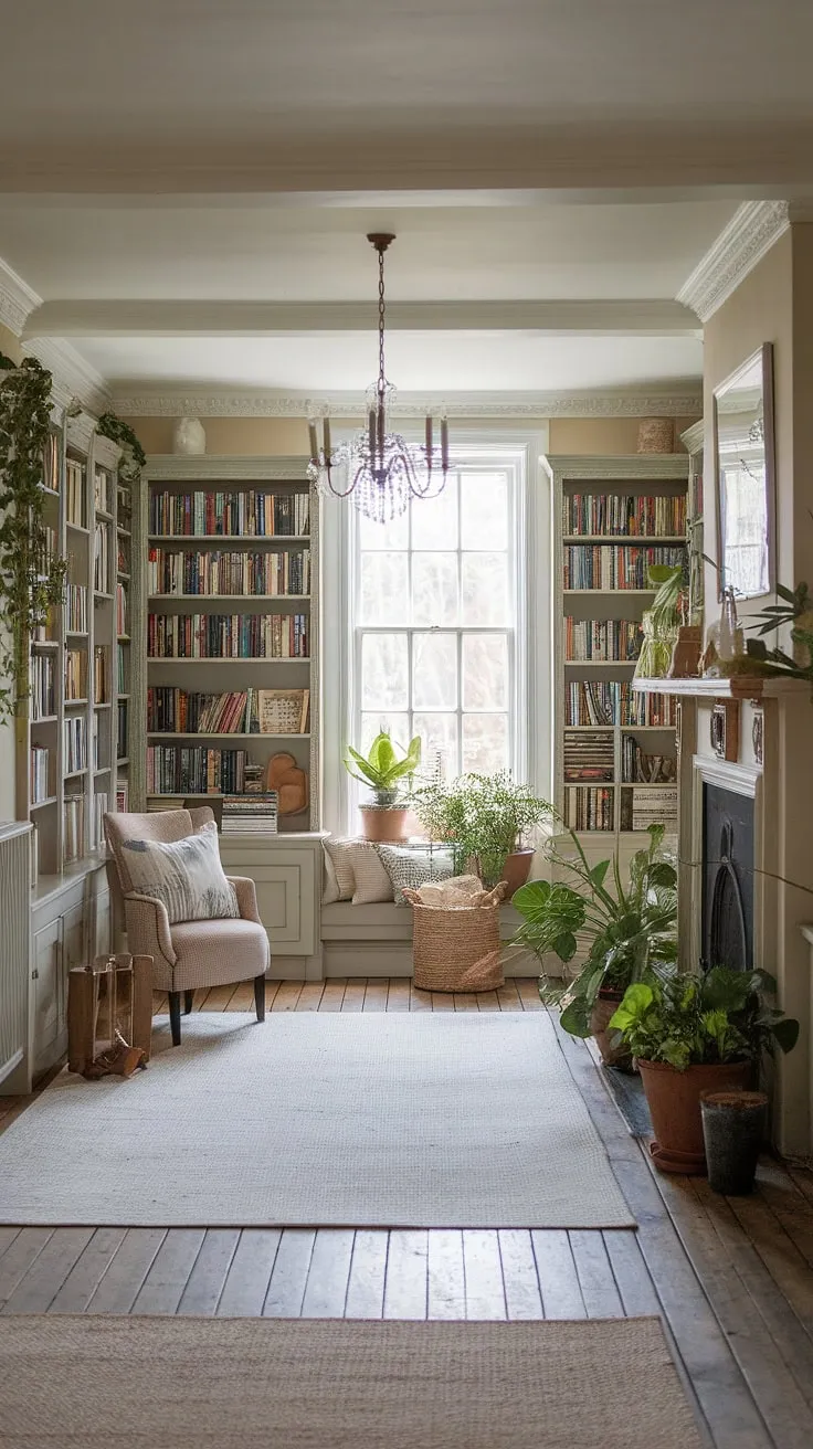 Imagine curling up in this light and airy library room, the gentle glow of the fireplace warming you as you lose yourself in a good book. This rustic library room, with its calm library aesthetic and charming reading nook by the fireplace, is the epitome of home library ideas.  The library with plants and the warm wooden floors create a cozy library aesthetic, making it the ultimate dream book room for any book lover.  A true inspiration for houses with libraries.