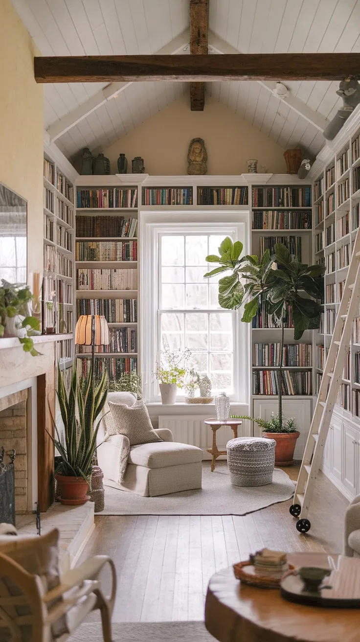 Escape to this light and airy library room, a haven of calm where rustic charm meets modern comfort.  The reading nook by the fireplace, nestled amongst the bookshelves and lush plants, offers the perfect spot to lose yourself in a good book. This dream book room embodies cozy library aesthetic and provides ample home library ideas for houses with libraries.