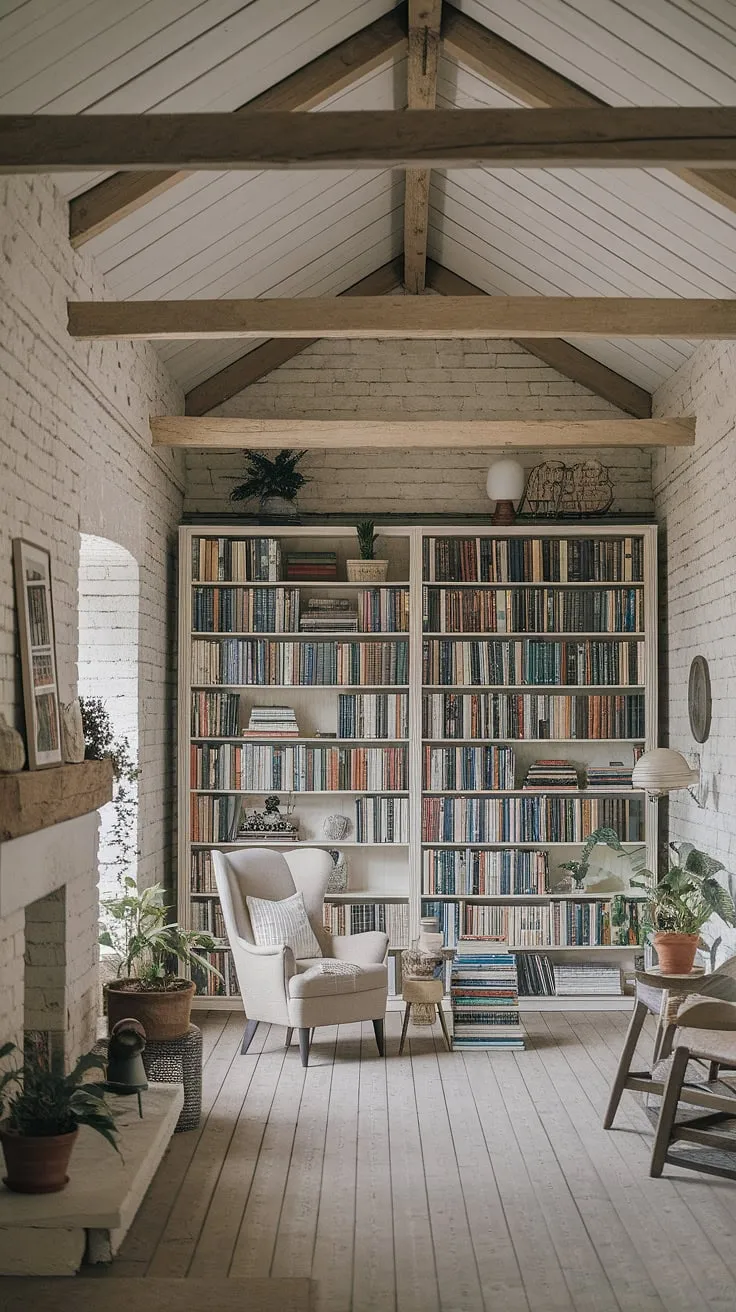 Imagine curling up in the reading nook by the fireplace of this rustic library room.  The light and airy atmosphere, filled with the scent of old books and the gentle rustle of leaves from the library with plants, creates a cozy library aesthetic that's the epitome of a dream book room.  This home library ideas inspiration is perfect for those seeking a calm library aesthetic in their houses with libraries.