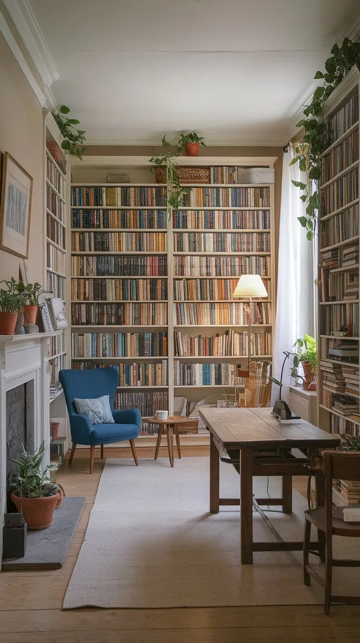 This dream book room offers the ultimate calm library aesthetic.  Imagine curling up in the reading nook by the fireplace of this light and airy library, surrounded by the comforting presence of a rustic library room.  Home library ideas are elevated to new heights with the thoughtful inclusion of plants and warm lighting.  This library with plants is the epitome of cozy library aesthetic, a perfect example for houses with libraries seeking a touch of rustic charm.