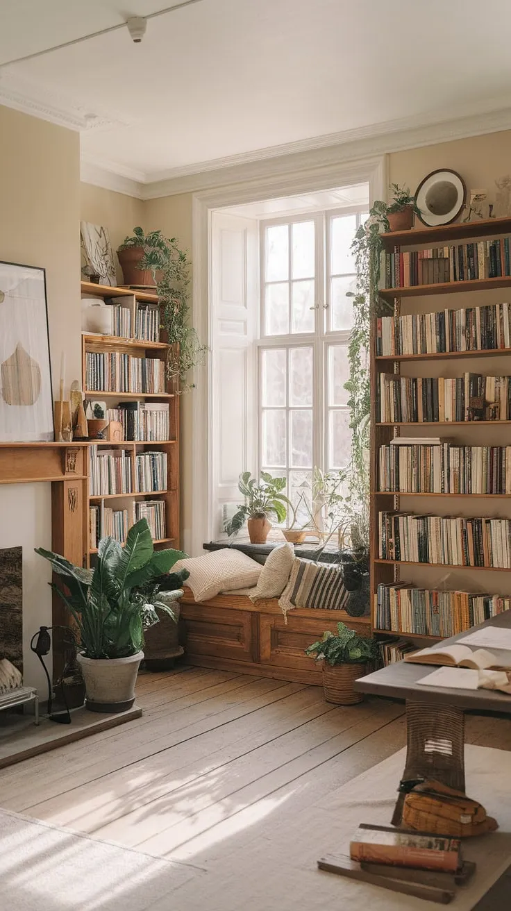 Imagine curling up in the reading nook by the fireplace of this rustic library room, surrounded by the comforting scent of old books and the gentle glow of natural light. This library with plants embodies a calm library aesthetic, a true dream book room, and offers endless home library ideas for those seeking to create their own haven within houses with libraries.  The light and airy library is the perfect blend of cozy and inviting.