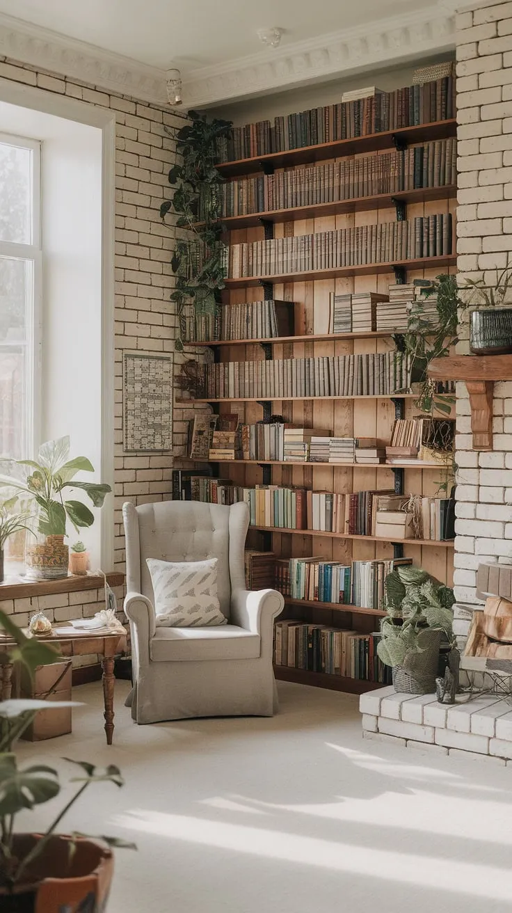 Escape to this rustic library room, a haven of calm library aesthetic.  The reading nook by the fireplace, nestled amongst overflowing bookshelves and lush plants, offers the perfect spot to lose yourself in a good book. This light and airy library, brimming with home library ideas, is the dream book room many aspire to—a true testament to houses with libraries.