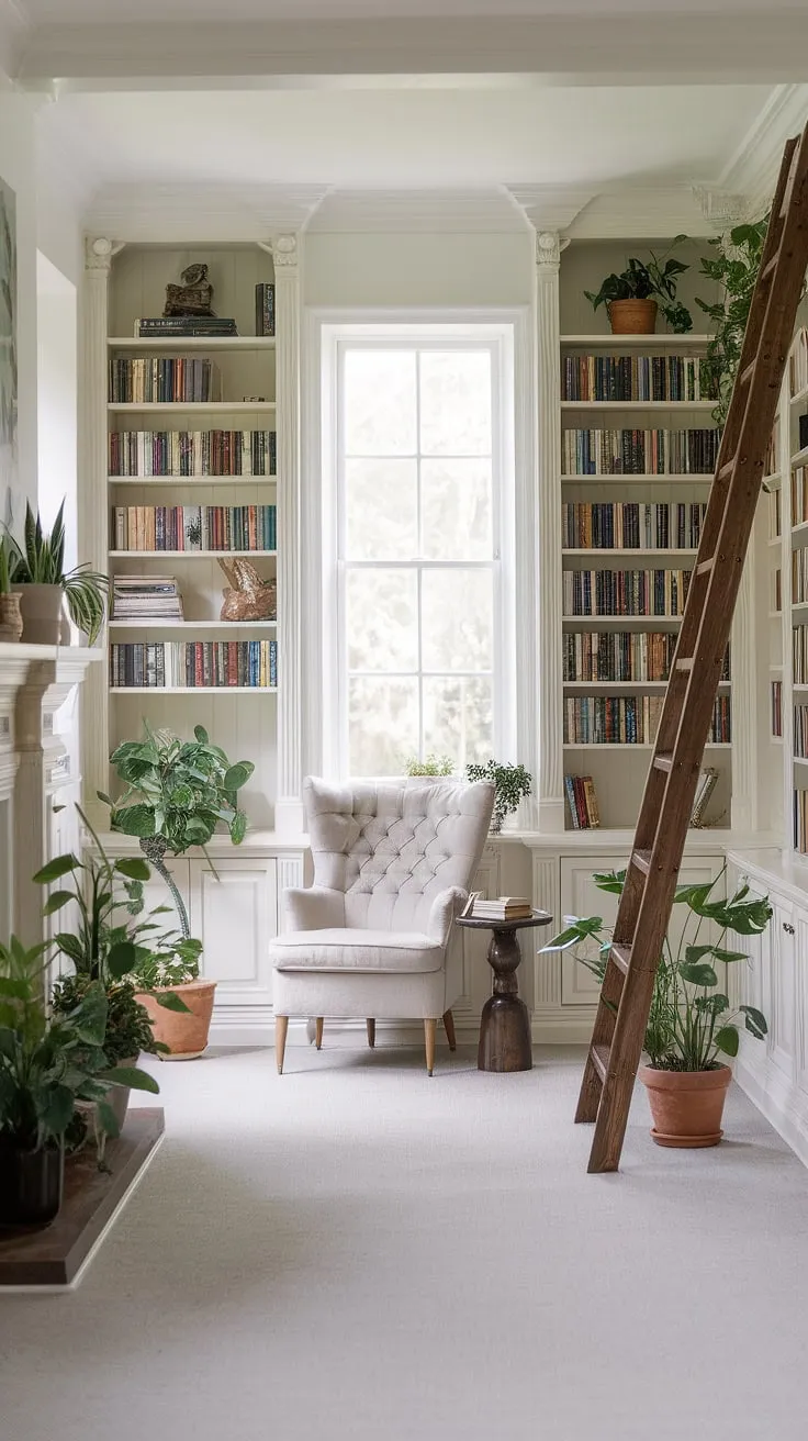 Imagine curling up in the reading nook by the fireplace of this rustic library room.  The light and airy library, filled with the scent of old books and fresh plants, creates a truly calm library aesthetic.  With its wooden ladder reaching towards the ceiling and built-in bookshelves, this library with plants is the ultimate home library ideas inspiration, a dream book room for every bibliophile.  Houses with libraries this charming are rare indeed.