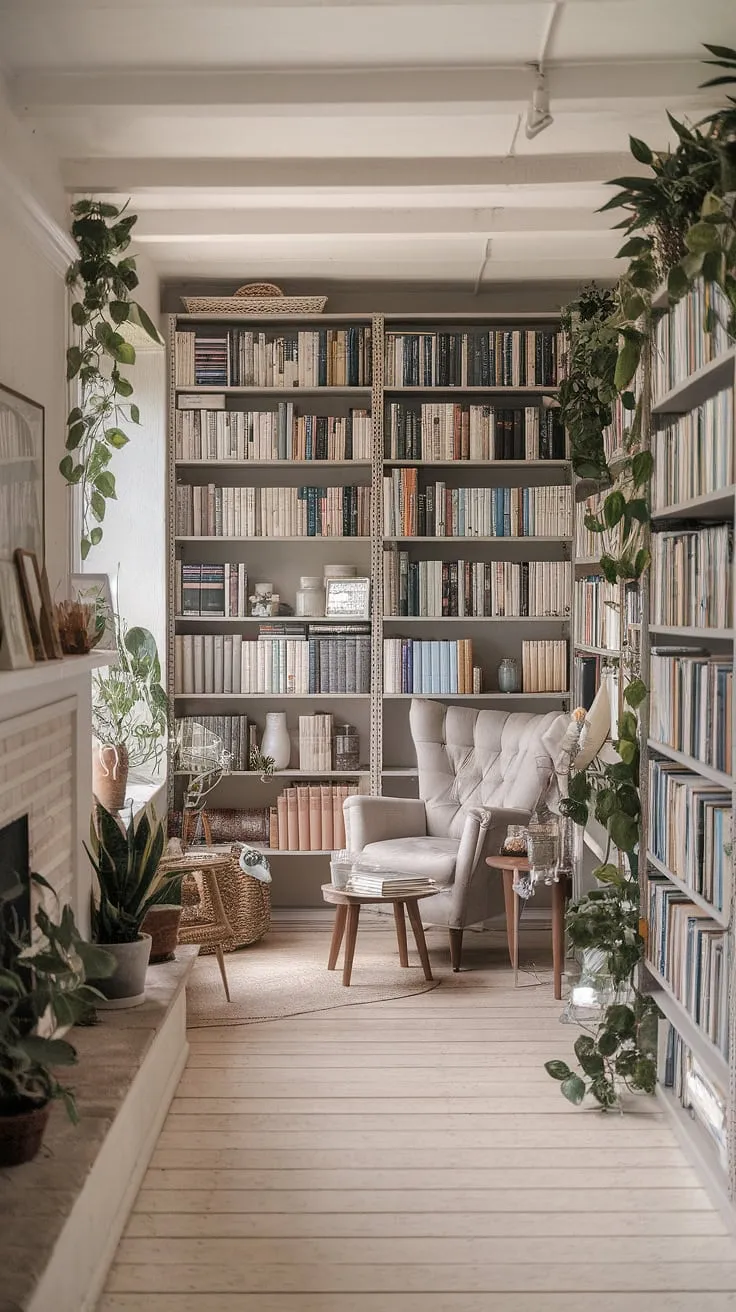 Imagine curling up in this dream book room: a light and airy library with a cozy library aesthetic.  This rustic library room, complete with a reading nook by the fireplace and library with plants, embodies the perfect calm library aesthetic.  Find inspiration for your own home library ideas in this haven for book lovers in houses with libraries.