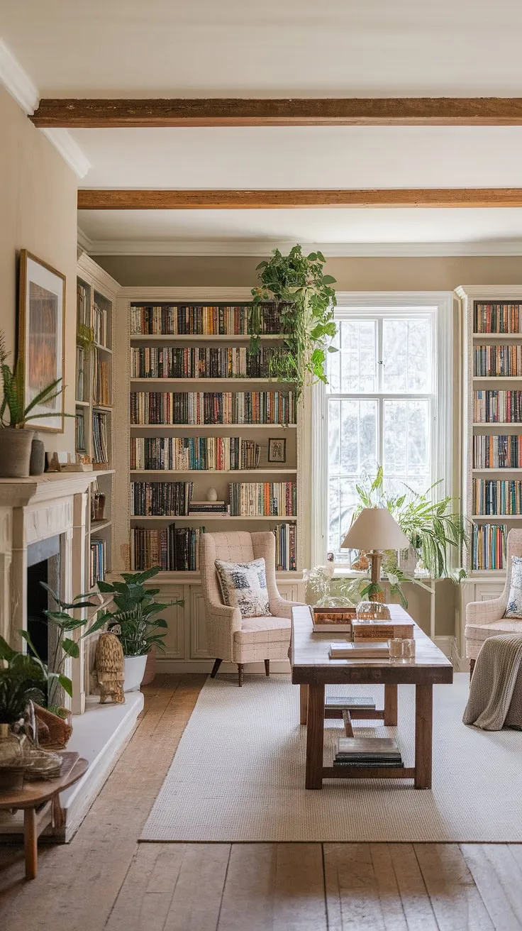 Imagine curling up in the reading nook by the fireplace of this dream book room. This rustic library room, with its calm library aesthetic and light and airy library feel, offers the perfect blend of cozy library aesthetic and functional home library ideas.  The library with plants adds a touch of nature to this stunning space, a true testament to the beauty of houses with libraries.