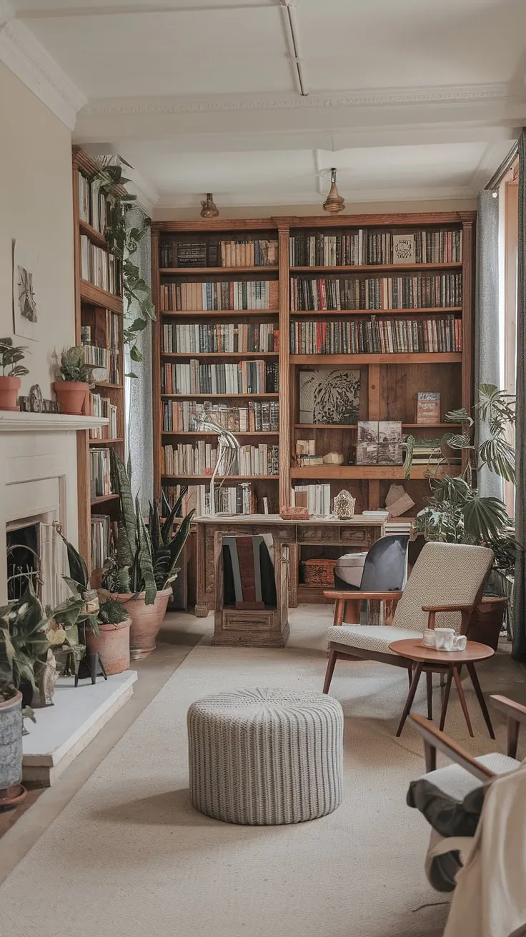 Imagine curling up in the reading nook by the fireplace of this light and airy library.  The rustic library room, filled with the scent of old books and flourishing plants, embodies a calm library aesthetic. This cozy library aesthetic, perfect for those seeking home library ideas, is a dream book room come to life.  A testament to the beauty of houses with libraries.
