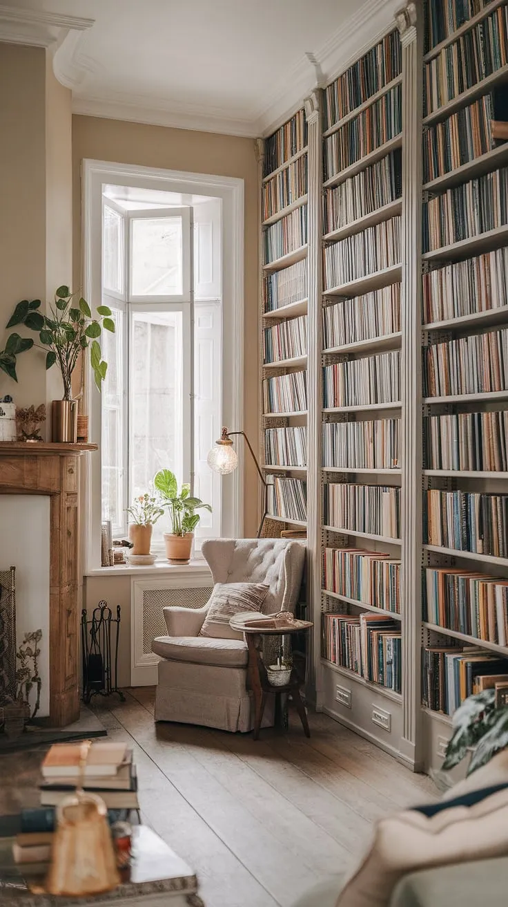 Imagine curling up in the reading nook by the fireplace of this rustic library room.  The light and airy library, filled with the scent of old books and the gentle rustle of leaves from the library with plants, creates a truly calm library aesthetic.  This dream book room is the perfect example of home library ideas for houses with libraries.