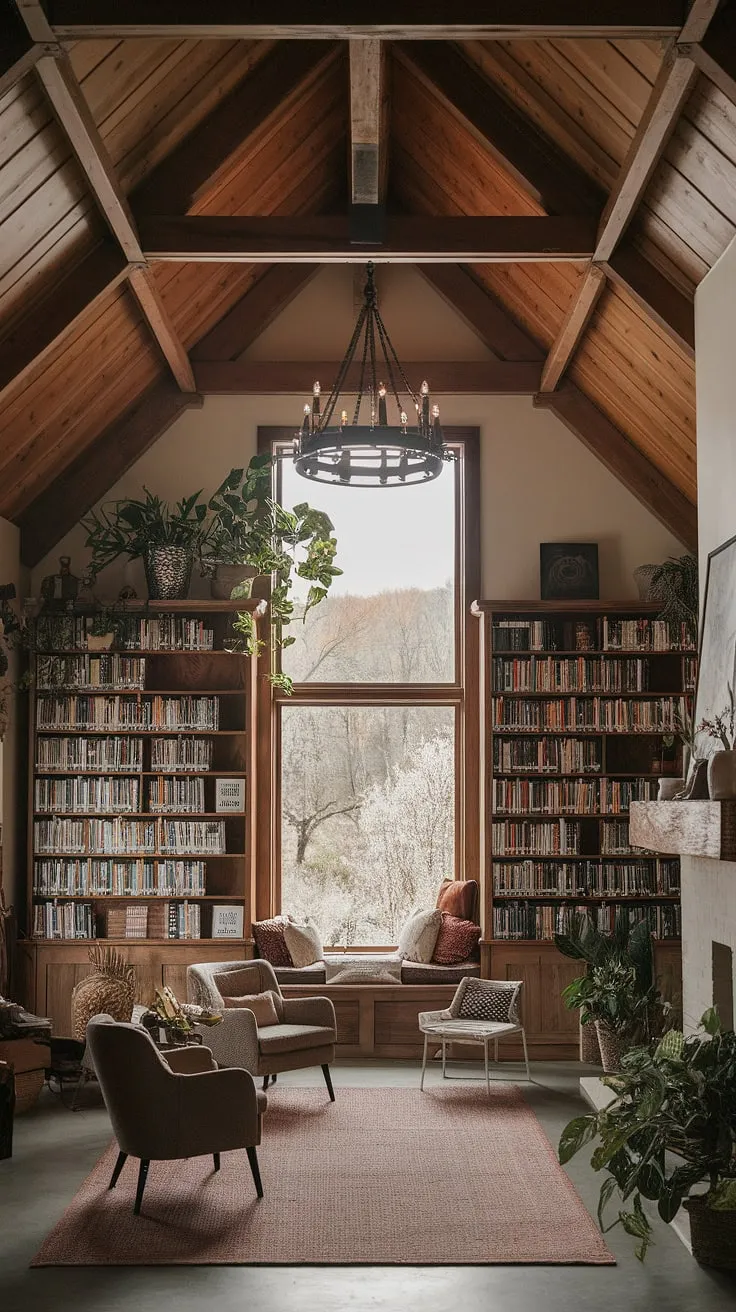 Imagine curling up in the reading nook by the fireplace of this dream book room, surrounded by the comforting scent of old books and the gentle glow of the chandelier. This rustic library room, with its light and airy feel, showcases the best in home library ideas.  The library with plants and cozy library aesthetic create a calm library aesthetic perfect for those seeking a sanctuary of peace in their houses with libraries.