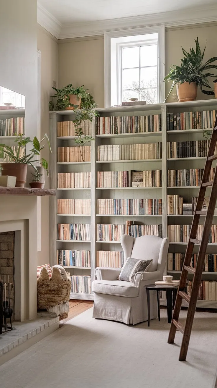 Escape to this rustic library room, a haven of calm where the light and airy atmosphere invites quiet contemplation.  The reading nook by the fireplace, nestled amongst floor-to-ceiling bookshelves brimming with stories and plants, embodies the perfect cozy library aesthetic.  This dream book room offers endless home library ideas for those seeking a sanctuary of peace.  Houses with libraries like this are truly inspiring.