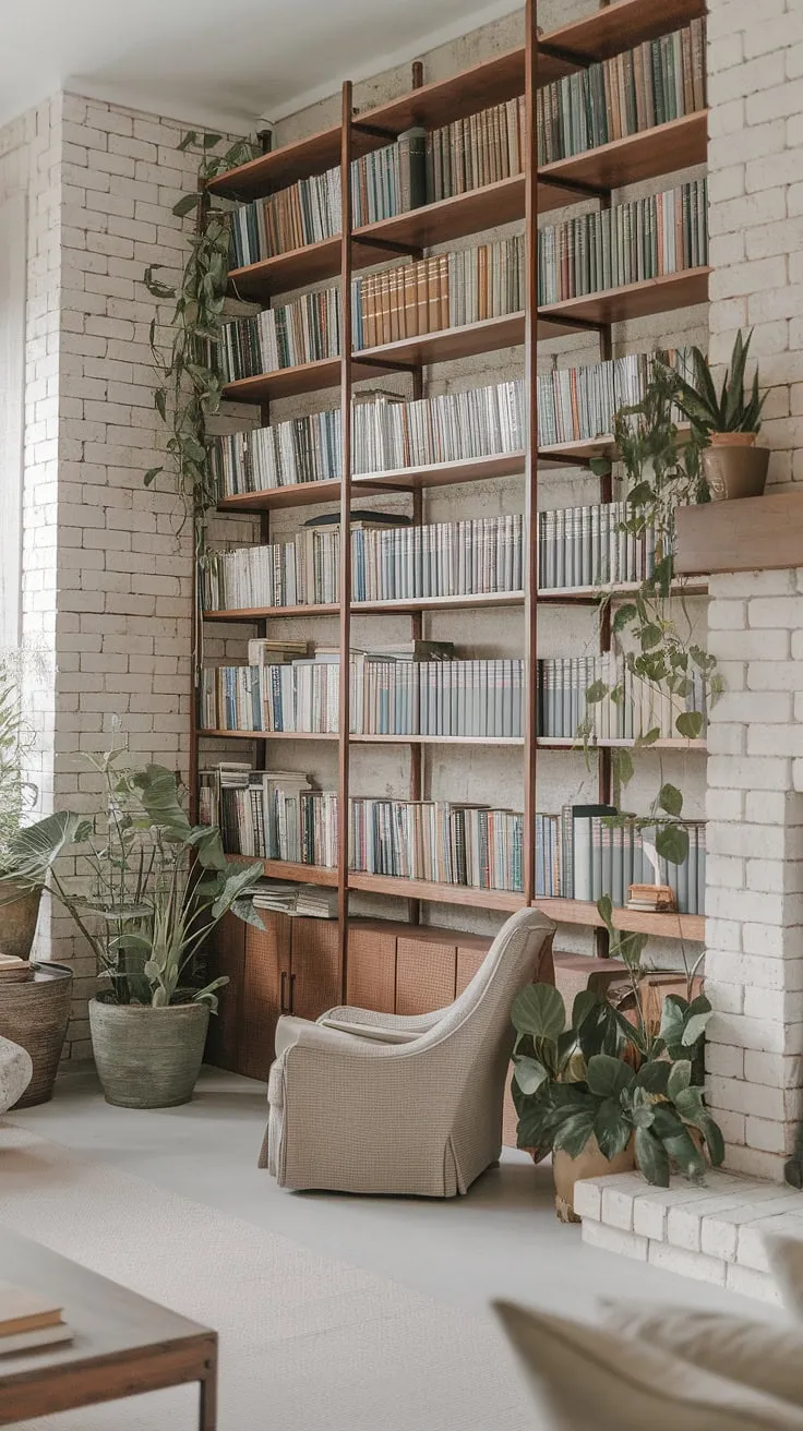 Escape to this light and airy library room, a haven of calm where rustic charm meets cozy comfort.  The reading nook by the fireplace, nestled amongst overflowing bookshelves and vibrant plants, embodies the perfect home library ideas for a dream book room. This rustic library room is the epitome of a calm library aesthetic, a space where the love of reading truly flourishes.  Houses with libraries like this are the stuff of dreams.