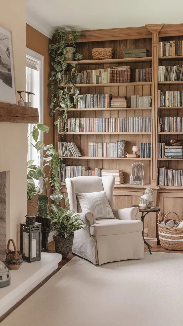 Escape to this light and airy library room, a haven of calm where rustic charm meets cozy comfort.  The reading nook by the fireplace, nestled amongst overflowing bookshelves and vibrant plants, embodies the perfect home library ideas for a dream book room. This is the epitome of a cozy library aesthetic, a space where tranquility reigns.  Houses with libraries like this are truly inspiring.