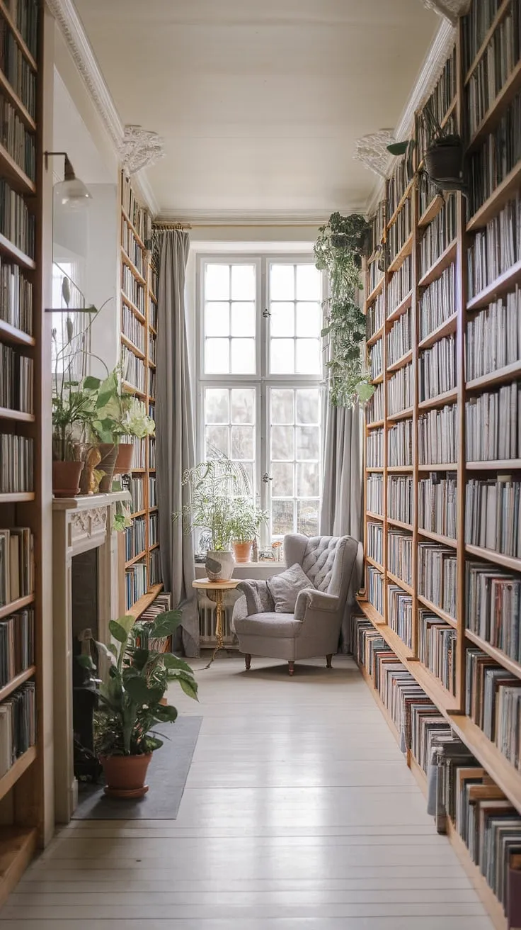 Escape to this rustic library room, a haven of calm and cozy aesthetic.  The light and airy library, filled with floor-to-ceiling wooden shelves overflowing with books and punctuated by lush greenery, offers the perfect reading nook by the fireplace.  Home library ideas don't get much better than this dream book room.  Houses with libraries like this are truly enviable.