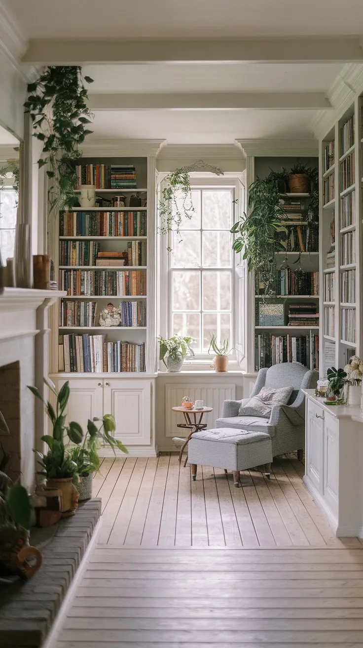 Escape to this calm library aesthetic, a rustic library room bathed in light and air.  The reading nook by the fireplace, nestled amongst the white bookshelves and lush plants, embodies cozy library aesthetic perfection.  This dream book room, a home library ideas inspiration, shows how even houses with libraries can achieve such tranquil beauty.