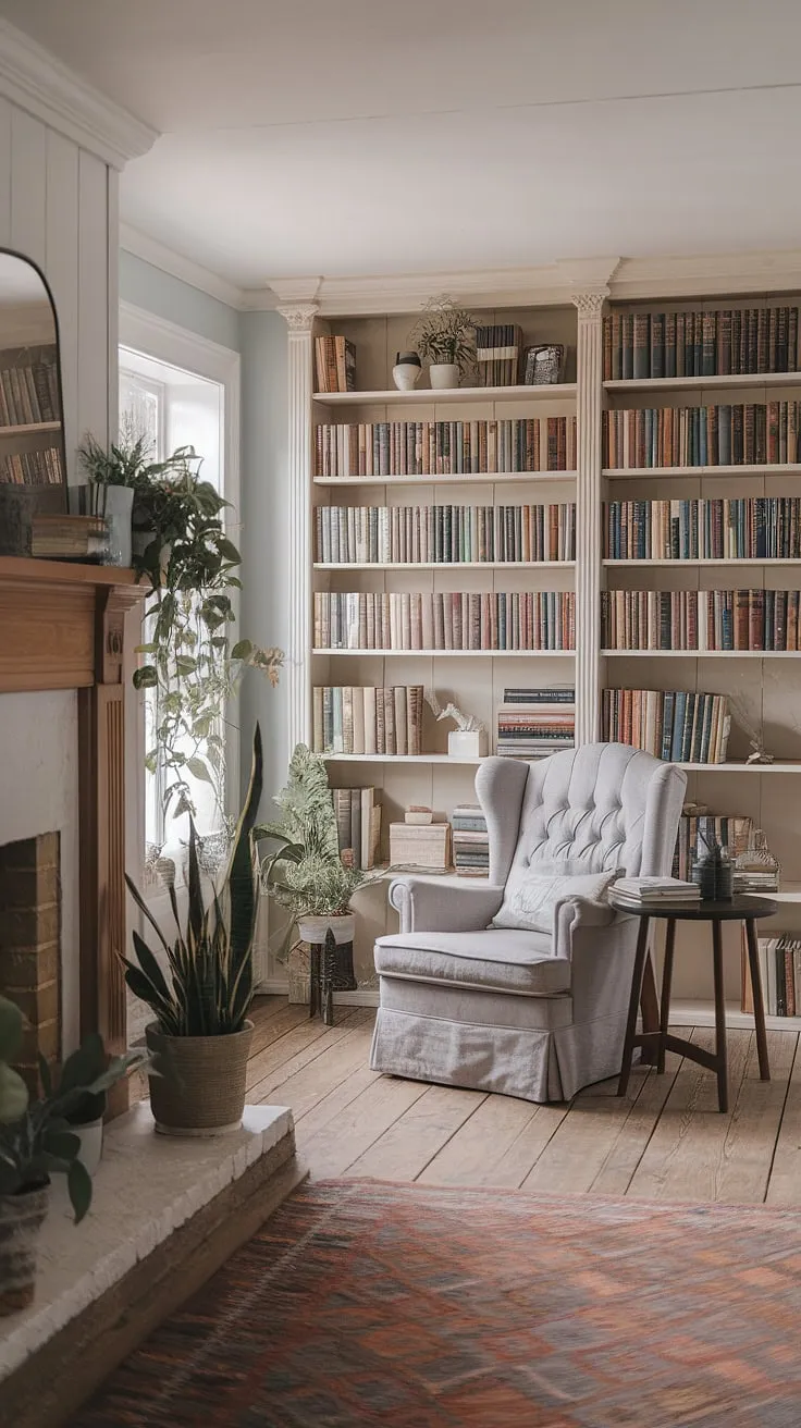 Imagine curling up in this cozy library aesthetic, a rustic library room bathed in soft light.  The library with plants and a reading nook by the fireplace creates the perfect spot for quiet contemplation. This light and airy library offers inspiration for your own home library ideas, transforming your house into a dream book room.