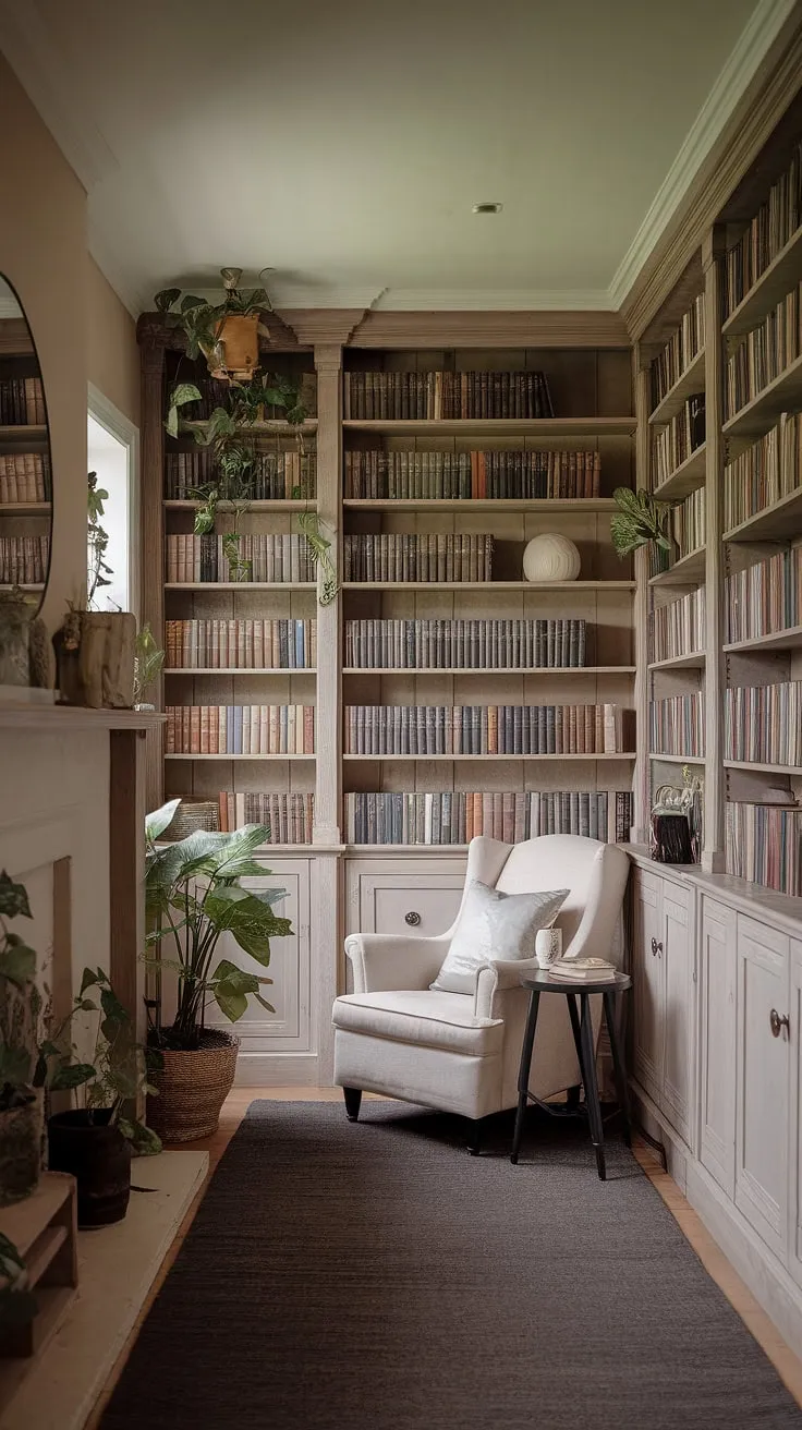 Imagine curling up in this cozy library aesthetic, a rustic library room bathed in soft light.  The library with plants adds a touch of nature to this dream book room, while the reading nook by the fireplace offers the perfect spot to lose yourself in a good book. This light and airy library is a haven of peace, showcasing inspiring home library ideas for those seeking a tranquil escape in their houses with libraries.