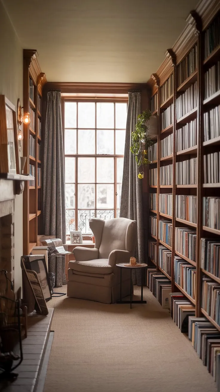 Escape to this rustic library room, a haven of calm where a reading nook by the fireplace beckons.  The warm lighting, home library ideas brought to life, and the cozy library aesthetic create a light and airy library perfect for losing yourself in a good book. This dream book room, complete with a library with plants, is the epitome of houses with libraries.