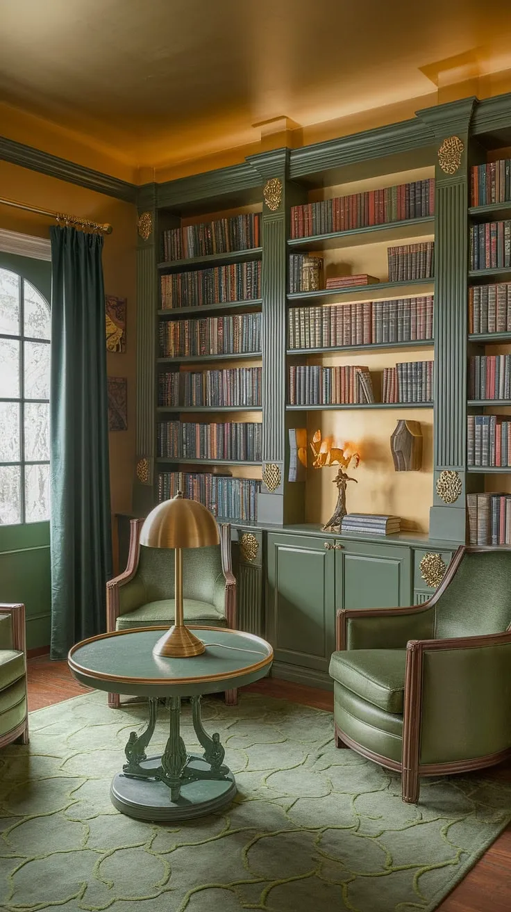 Imagine curling up in this cozy reading corner of a green and gold library, a testament to Tolkien-inspired decor. This small home library, designed as a family reading room, is a masterclass in cozy library decor and offers abundant reading nook ideas. The home library design seamlessly blends book-themed decor with a warm and inviting atmosphere, creating the perfect library sitting room.