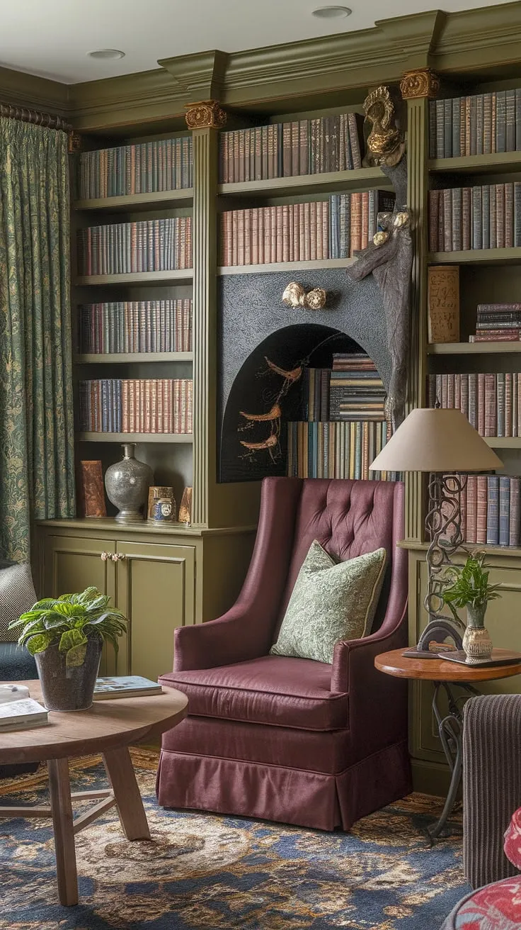 Step into a world of wonder in this cozy library sitting room.  Rich green and gold hues create a magical atmosphere, enhanced by Tolkien-inspired decor and carefully curated book-themed decor.  The inviting reading nook, perfect for quiet contemplation, makes this small home library the ultimate cozy reading corner and a dream family reading room.  Find inspiration for your own home library design with this stunning example of cozy library decor.