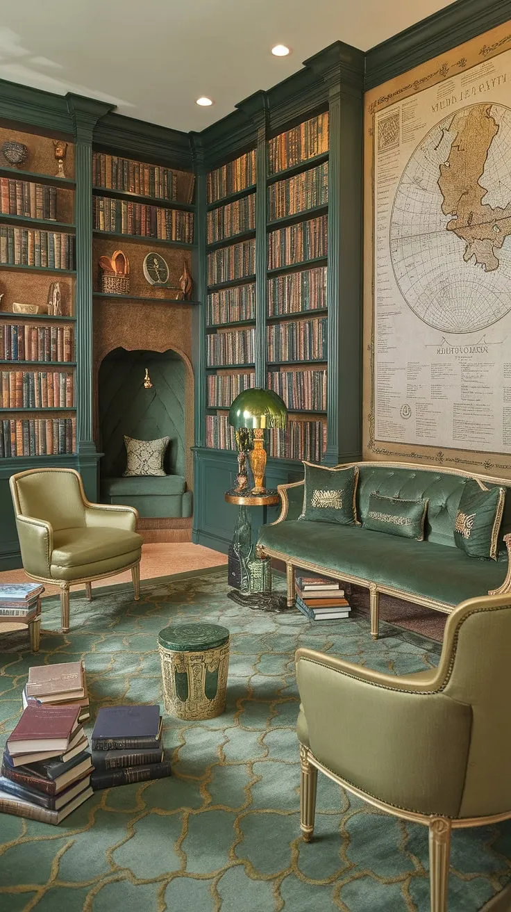Escape to this enchanting green and gold library sitting room, a haven of cozy library decor and Tolkien-inspired design.  The home library design seamlessly blends book-themed decor with a comfortable family reading room, featuring a charming reading nook and plenty of space for quiet contemplation.  Perfect for small home library enthusiasts, this space offers cozy reading corner ideas for all ages.