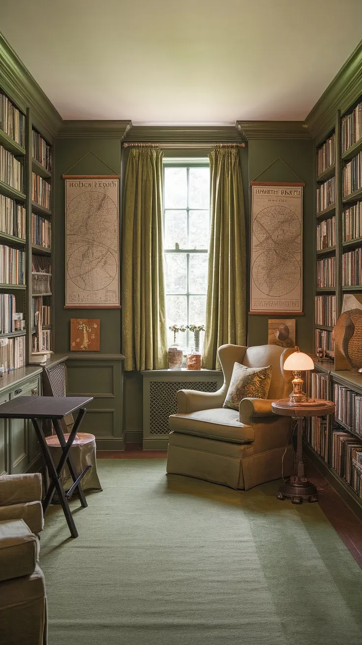 Escape to this enchanting green and gold library sitting room, a haven of cozy library decor and Tolkien-inspired decor.  The home library design, complete with reading nook ideas and book-themed decor, creates the perfect family reading room atmosphere. A small home library brimming with adventure awaits.