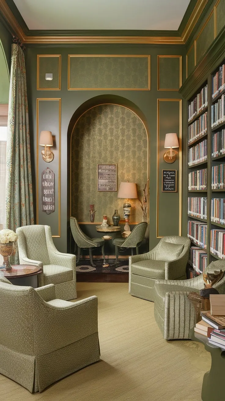 Imagine curling up in this cozy reading corner of a green and gold library. This small home library, designed for family reading room bliss, features thoughtful home library design elements, including a dedicated reading nook and book-themed decor, creating a truly cozy library decor atmosphere with Tolkien-inspired touches.