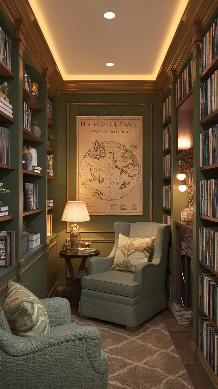 Imagine curling up in this cozy reading corner of our small home library, surrounded by the comforting glow of a lamp and the captivating map of Middle-earth. This green and gold library, with its family reading room and thoughtful reading nook ideas, is the perfect embodiment of cozy library decor and Tolkien-inspired design.  A true book-themed haven.