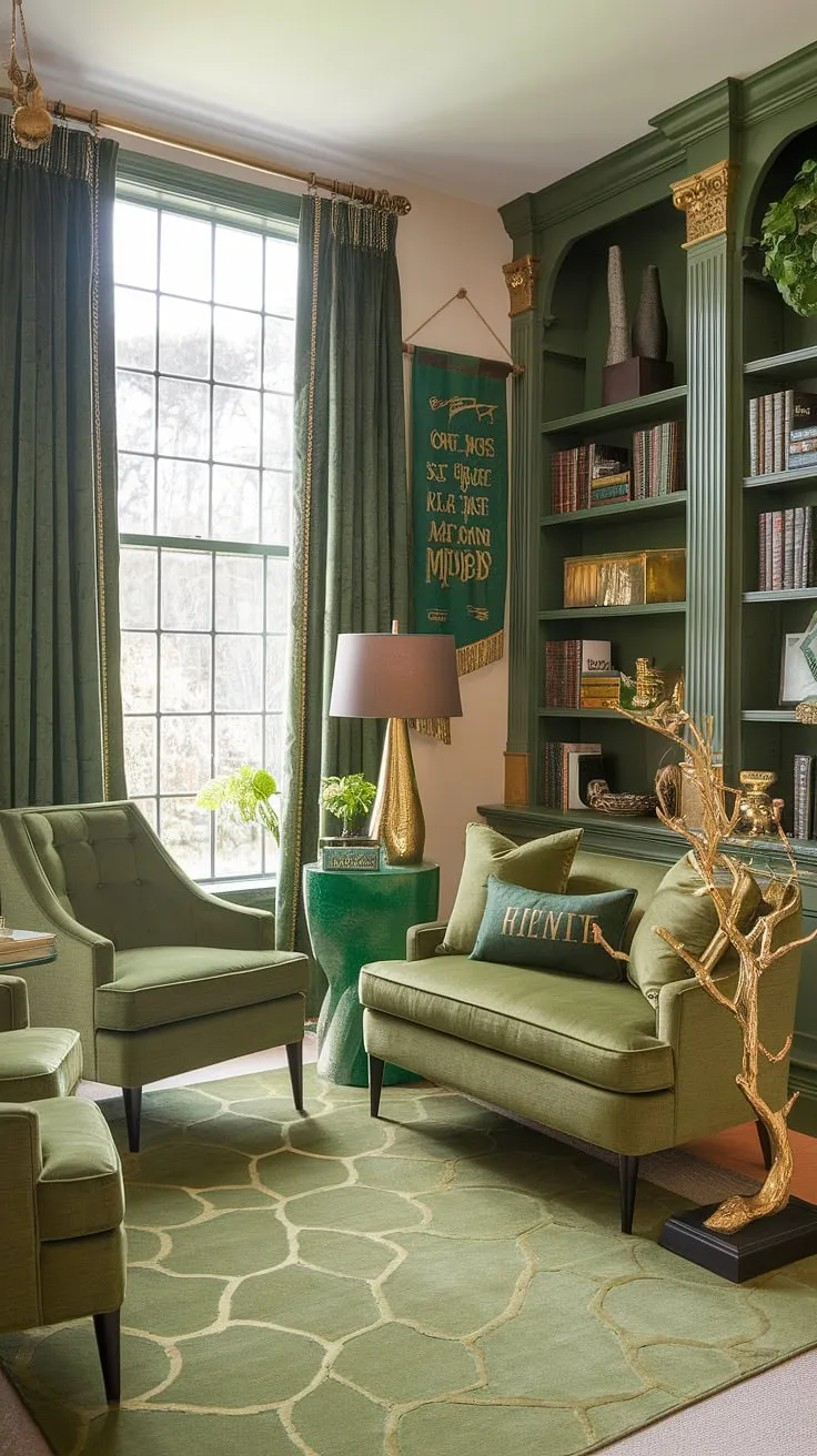 Escape to this enchanting green and gold library sitting room, a haven of cozy library decor perfect for quiet contemplation or family reading time.  The Tolkien-inspired book-themed decor, including the playful "One does not simply walk into Mordor" banner, adds a touch of whimsy to this small home library, offering inspiring reading nook ideas for book lovers of all ages. This home library design showcases the beauty of a cozy reading corner, effortlessly blending comfort and literary charm.