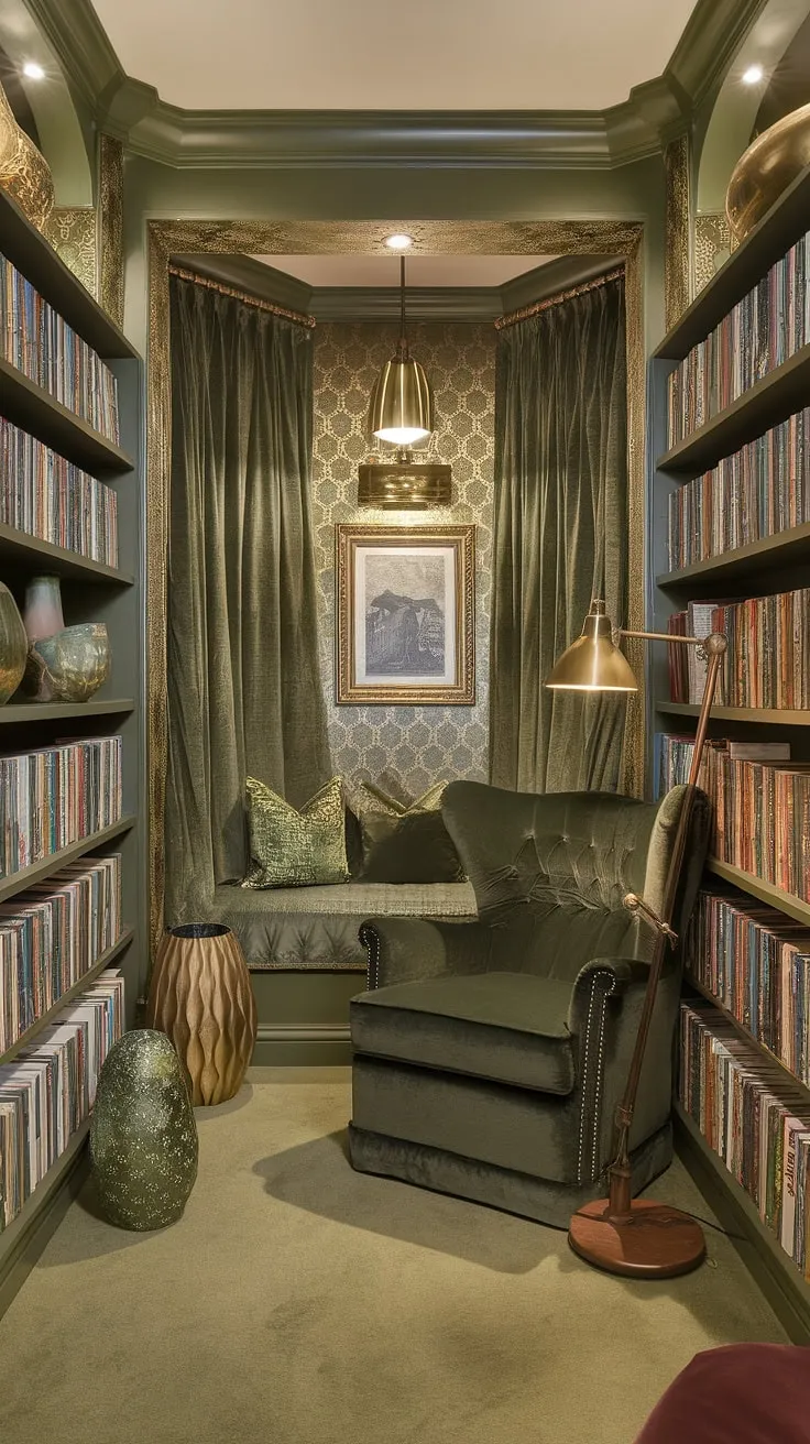 Escape to Middle-earth, right in your own home. This Tolkien-inspired family reading room, with its green and gold library sitting room, offers the perfect cozy library decor for curling up with a good book.  The home library design, complete with a reading nook and book-themed decor, creates a magical atmosphere for family time and quiet contemplation.  Small home library solutions don't have to compromise on style or comfort.