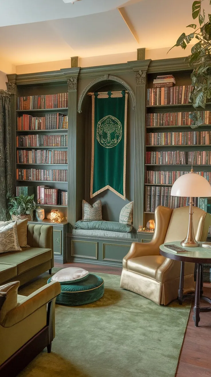 Imagine curling up in this cozy reading corner of a green and gold library. This small home library boasts a captivating home library design, showcasing Tolkien-inspired decor and thoughtful book-themed details.  The perfect family reading room, it offers a wealth of reading nook ideas within its cozy library decor and inviting library sitting room atmosphere.