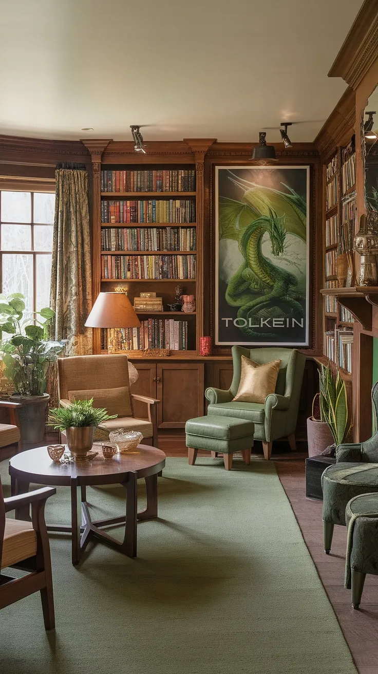 Escape to this Tolkien-inspired library sitting room, a haven of cozy library decor and book-themed decor.  The green and gold library, designed for both family reading room gatherings and quiet contemplation, boasts a reading nook perfect for losing yourself in a good book. This small home library showcases clever home library design, with plenty of reading nook ideas to inspire your own cozy reading corner.