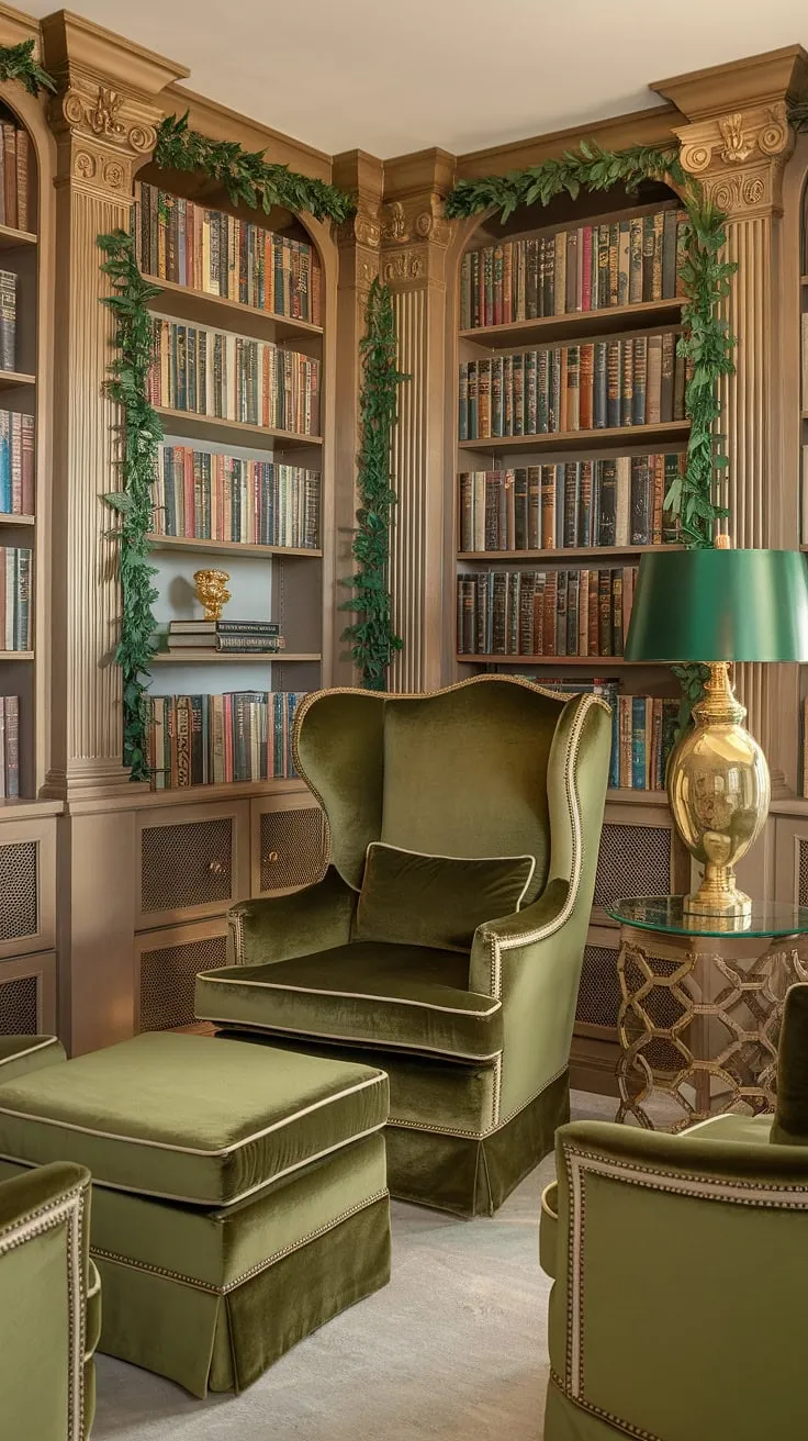 Escape to this enchanting green and gold library sitting room, a haven of cozy library decor perfect for quiet contemplation.  The Tolkien-inspired design, complete with a plush velvet armchair and book-themed decor, creates the ultimate reading nook ideas for a family reading room or small home library. This home library design is a testament to the magic found in a cozy reading corner.
