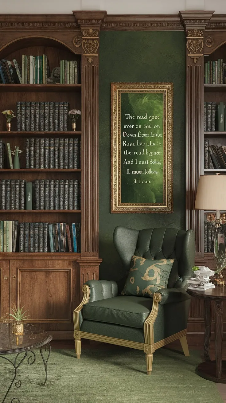 Escape to this Tolkien-inspired cozy reading corner, a green and gold library sitting room perfect for family reading time.  The home library design, complete with book-themed decor and a small home library feel, offers the ultimate reading nook ideas.  That quote on the wall?  A perfect reminder to keep exploring.