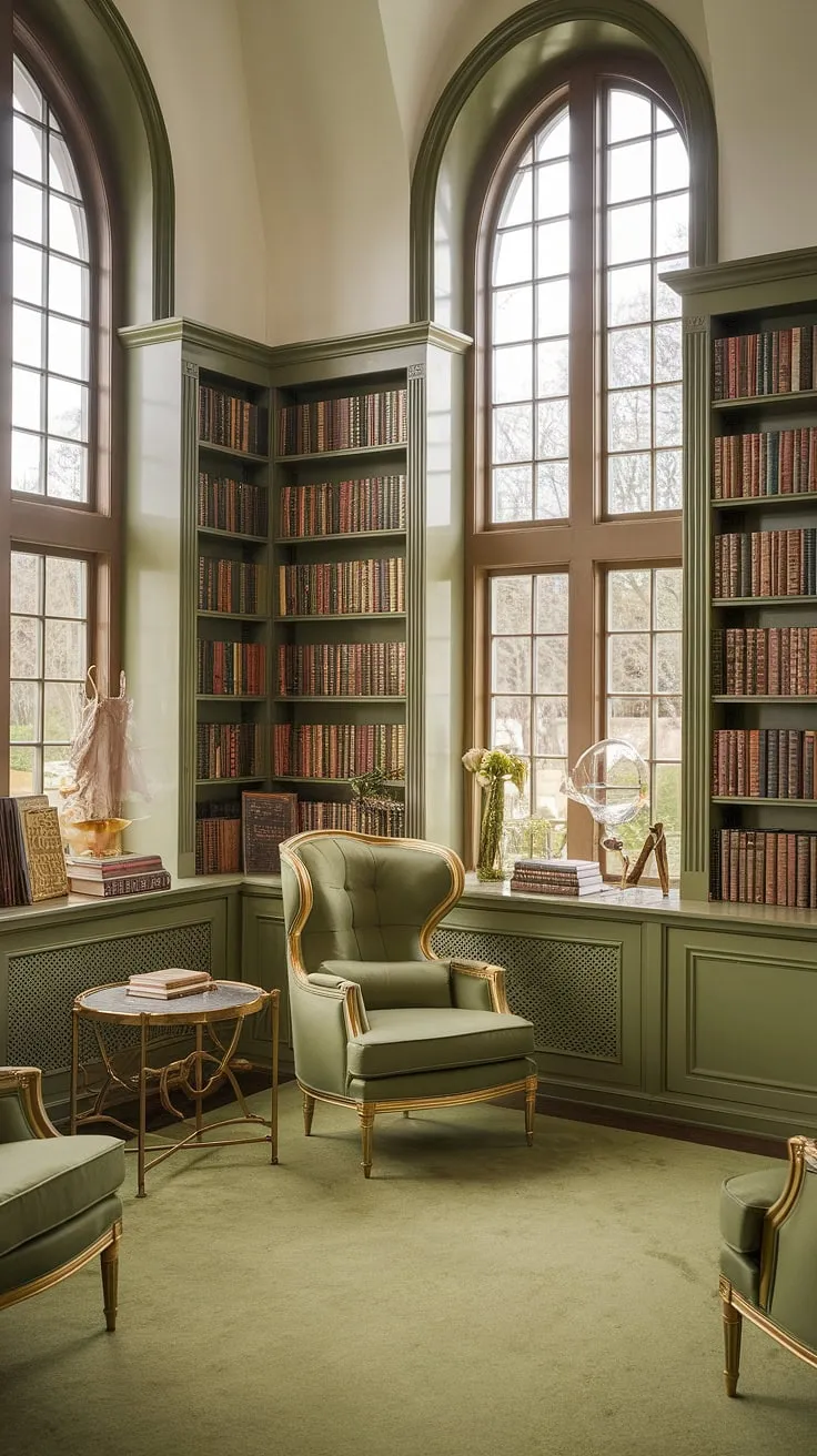 Imagine curling up in this cozy reading corner of a green and gold library. This home library design, with its Tolkien-inspired decor and abundant bookshelves, creates the ultimate family reading room.  Perfect for quiet contemplation or shared stories, this small home library offers a wealth of reading nook ideas within its cozy library decor.