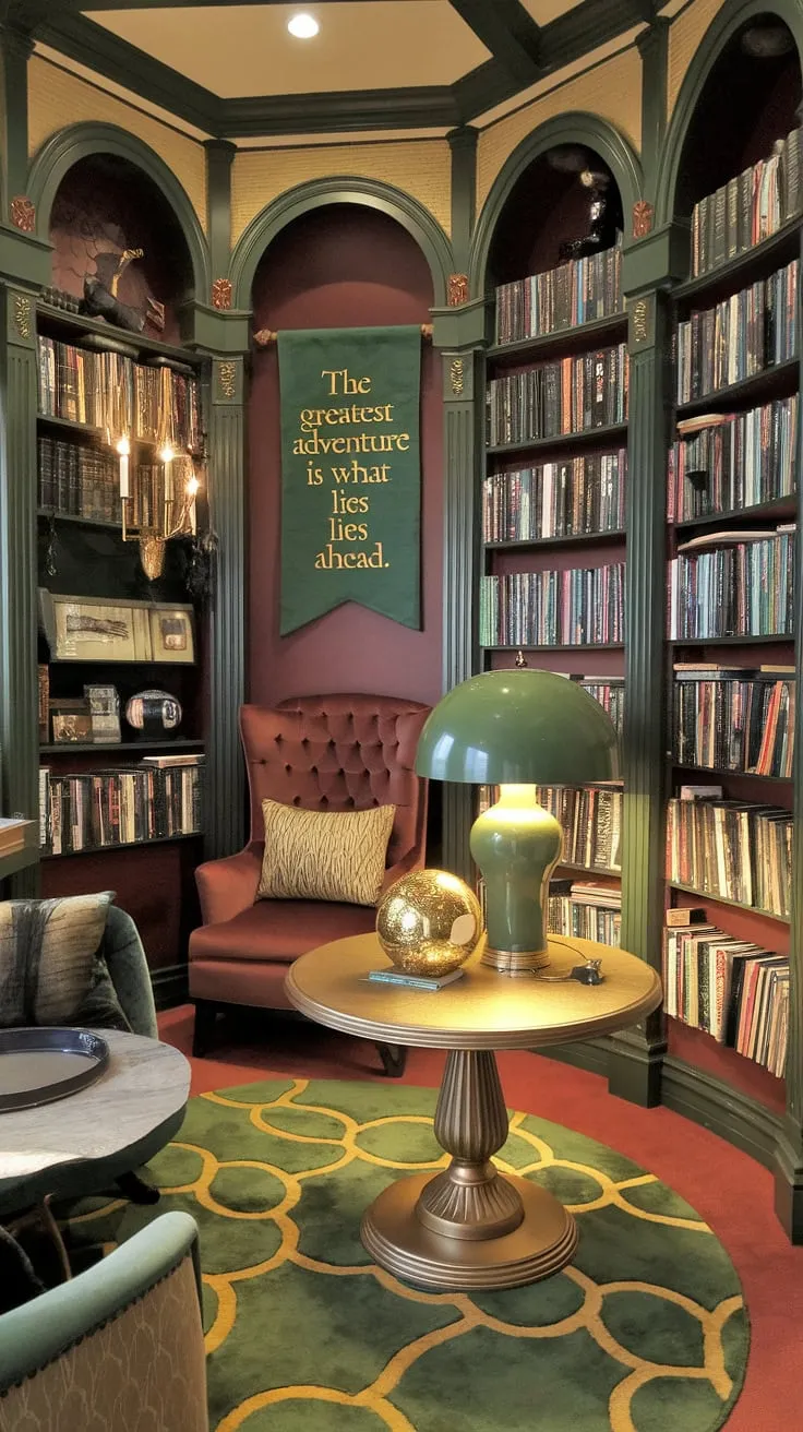 Escape to this enchanting green and gold library sitting room, a haven of cozy library decor and Tolkien-inspired design.  The perfect family reading room, complete with a cozy reading corner and reading nook ideas for endless adventures. This small home library showcases the magic of book-themed decor and inspires the greatest adventures yet.