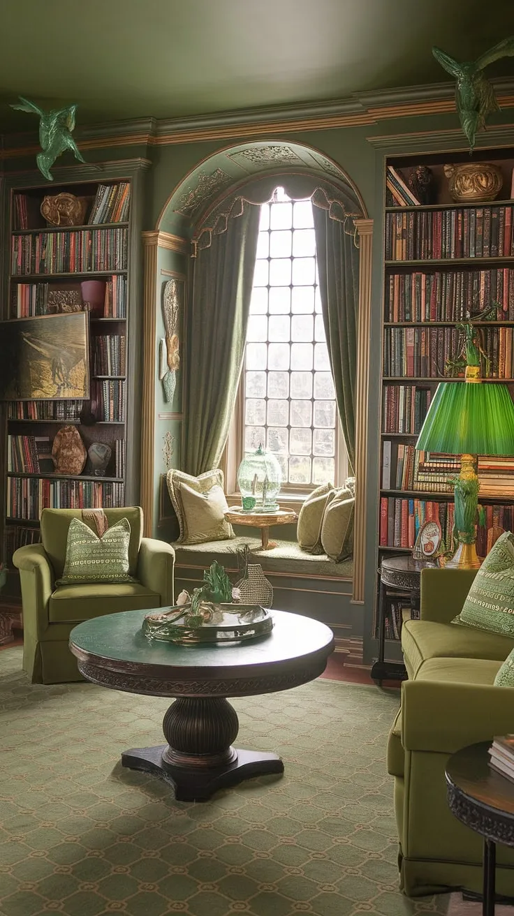 Escape to this enchanting Tolkien-inspired library sitting room, where a green and gold palette creates the perfect atmosphere for cozy library decor.  The home library design features a family reading room with ample book-themed decor, including a dedicated reading nook and a cozy reading corner, ideal for small home library solutions.