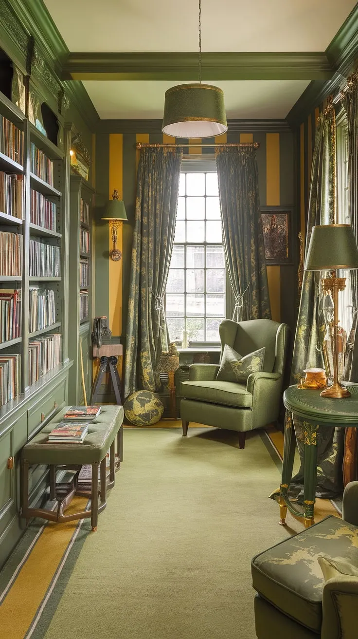 Escape to this enchanting green and gold library sitting room, a haven of Tolkien-inspired decor perfect for cozy library decor and family reading room gatherings.  The book-themed decor, including a small home library brimming with stories, creates the ultimate cozy reading corner and reading nook ideas for quiet contemplation.