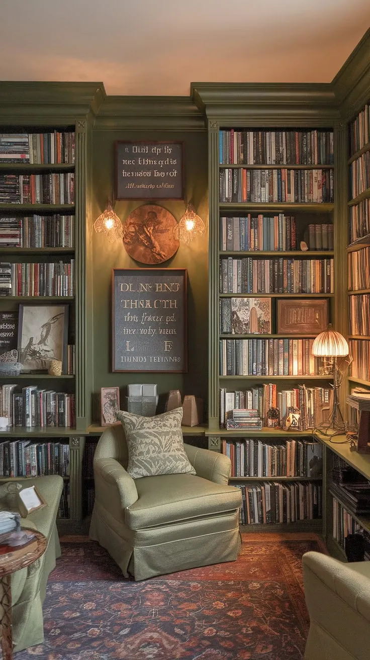 Escape to this enchanting green and gold library sitting room, a haven of cozy library decor and Tolkien-inspired decor.  The perfect family reading room, this small home library boasts floor-to-ceiling bookshelves, a cozy reading corner, and inspiring book-themed decor, making it the ultimate space for quiet contemplation and shared reading adventures.  Discover endless reading nook ideas in this home library design.
