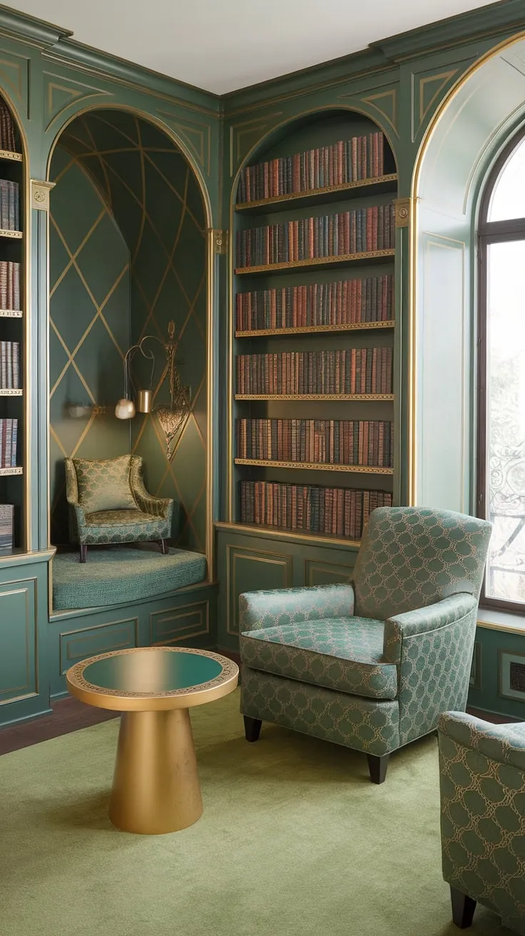Escape to this Tolkien-inspired library sitting room, a haven of cozy library decor and book-themed decor.  The green and gold library, with its reading nook ideas and family reading room ambiance, offers the perfect setting for quiet contemplation.  This small home library showcases stunning home library design, proving that even a compact space can be transformed into a magical realm.