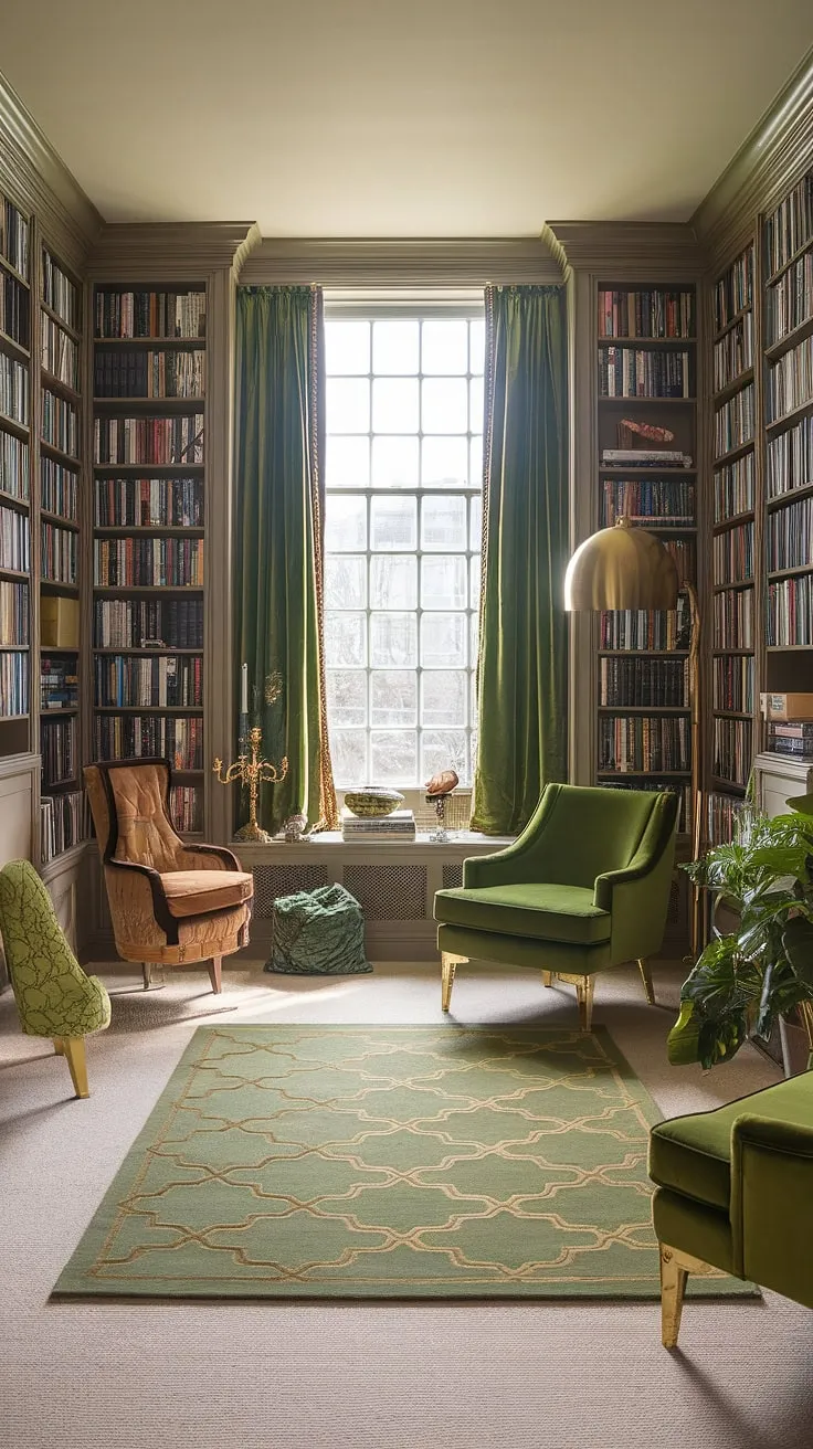 Imagine curling up in this cozy reading corner of a green and gold library. This small home library, a testament to thoughtful home library design, boasts a charming library sitting room perfect for family reading room gatherings.  The book-themed decor and Tolkien-inspired touches contribute to the cozy library decor, making it an ideal space for quiet reading and inspiring reading nook ideas.