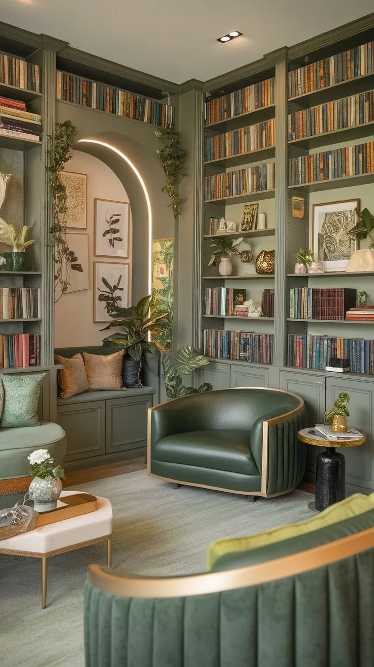 Imagine curling up in this cozy reading corner of a green and gold library. This small home library, a masterpiece of home library design, boasts a charming library sitting room perfect for family reading time.  The Tolkien-inspired decor and book-themed accents contribute to the cozy library decor, making it the ideal space for quiet contemplation and cherished reading nook ideas.