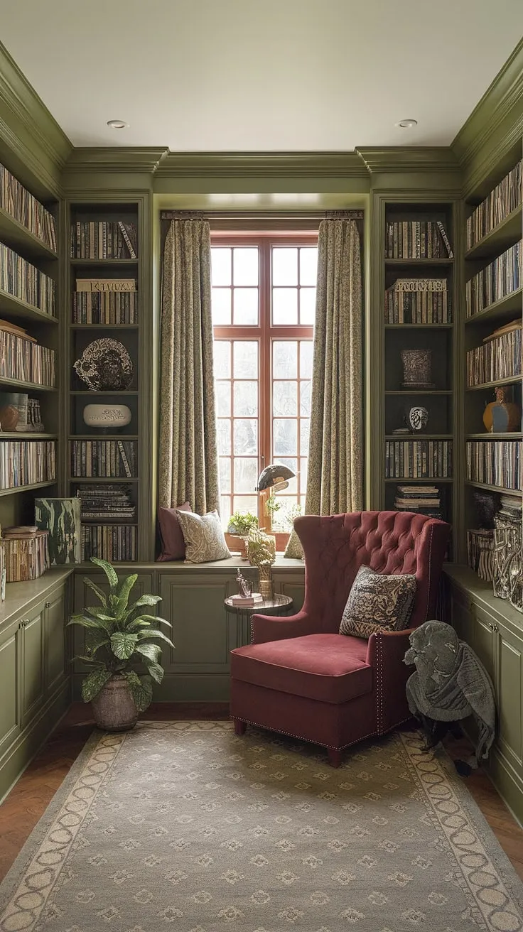 Imagine curling up in this cozy reading corner, surrounded by the magic of a Tolkien-inspired home library design. This green and gold library, a perfect example of cozy library decor, features a delightful reading nook and makes for an ideal family reading room.  Explore the possibilities of small home library design with this inspiring space.