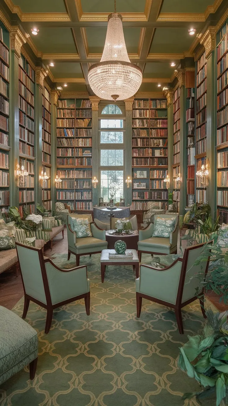 Imagine curling up in this cozy reading corner of a Tolkien-inspired green and gold library. This small home library boasts a captivating home library design, with cozy library decor and plenty of reading nook ideas for the whole family.  The family reading room's book-themed decor and inviting library sitting room atmosphere create the perfect escape.
