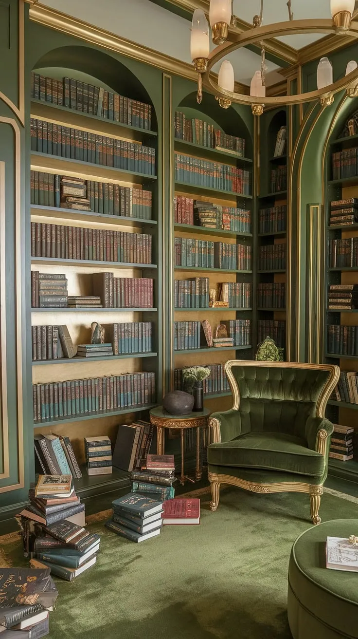 Step into a realm of fantasy in this green and gold library, a stunning example of home library design.  This cozy library decor, with its Tolkien-inspired elements, creates the ultimate cozy reading corner and family reading room.  Perfect reading nook ideas abound in this small home library, a testament to the magic of book-themed decor.