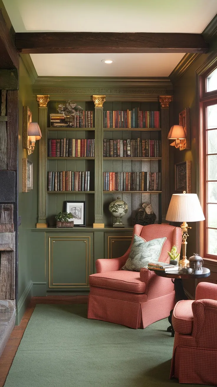 Escape to this enchanting library sitting room, a haven of cozy library decor and Tolkien-inspired design.  The green and gold library, a small home library brimming with books, offers the perfect setting for quiet contemplation or family reading room gatherings.  Discover inspiring reading nook ideas in this cozy reading corner, complete with a comfortable chair and warm lighting.